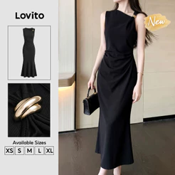 (New Arrival) Lovito Elegante Vestido Longo Sereia Preto Metal Assimétrico Primavera Verão Trabalho Para Mulheres DRB204P1D356