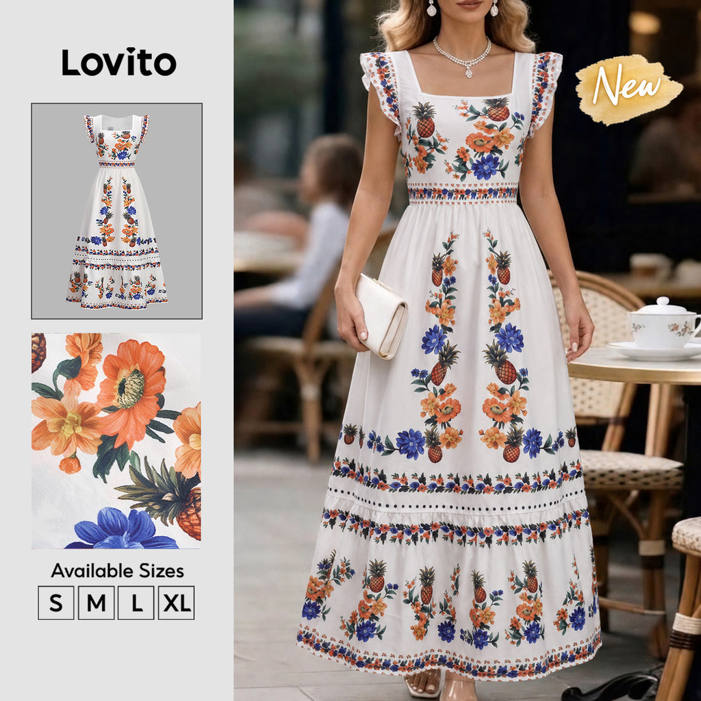 (New Arrival) Lovito Elegante Vestido Longo Evase Floral Com Babado Primavera Verão Casual Trabalho Para Mulheres DRB39BR019
