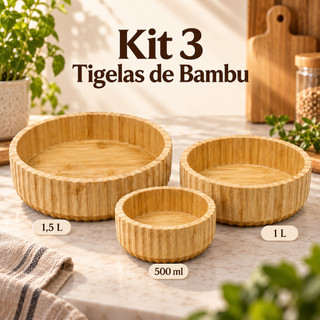 Kit 3 Tigelas Cumbuca de Bambu Redonda 1,5L, 1L ou 500ml Grande Pequena Ecologica Bowl Comida Salada Caldos Sopa