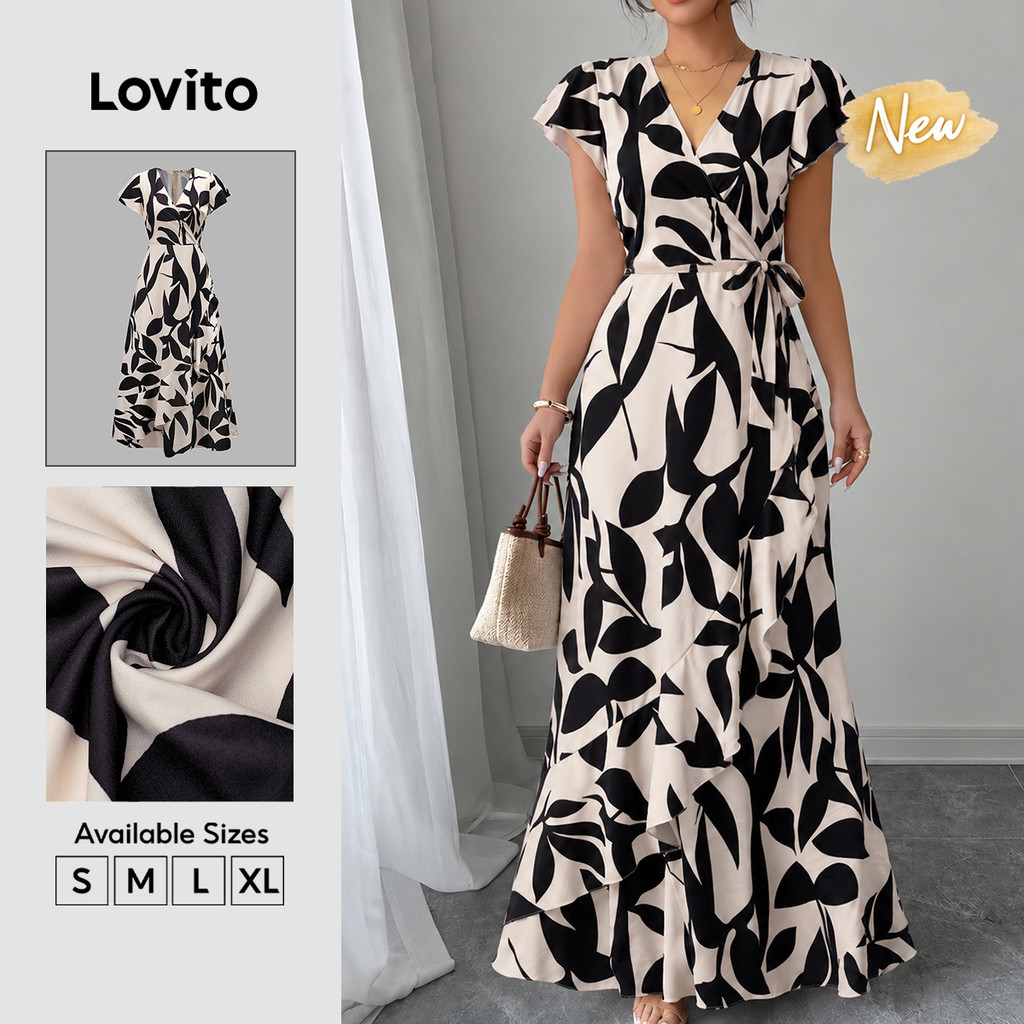 (New Arrival) Lovito Vestido Casual Boho Floral Com Babado E Zíper Longo Em Aline Para Primavera/Verão Fim De Semana E Férias Para Mulheres DRK9BR202