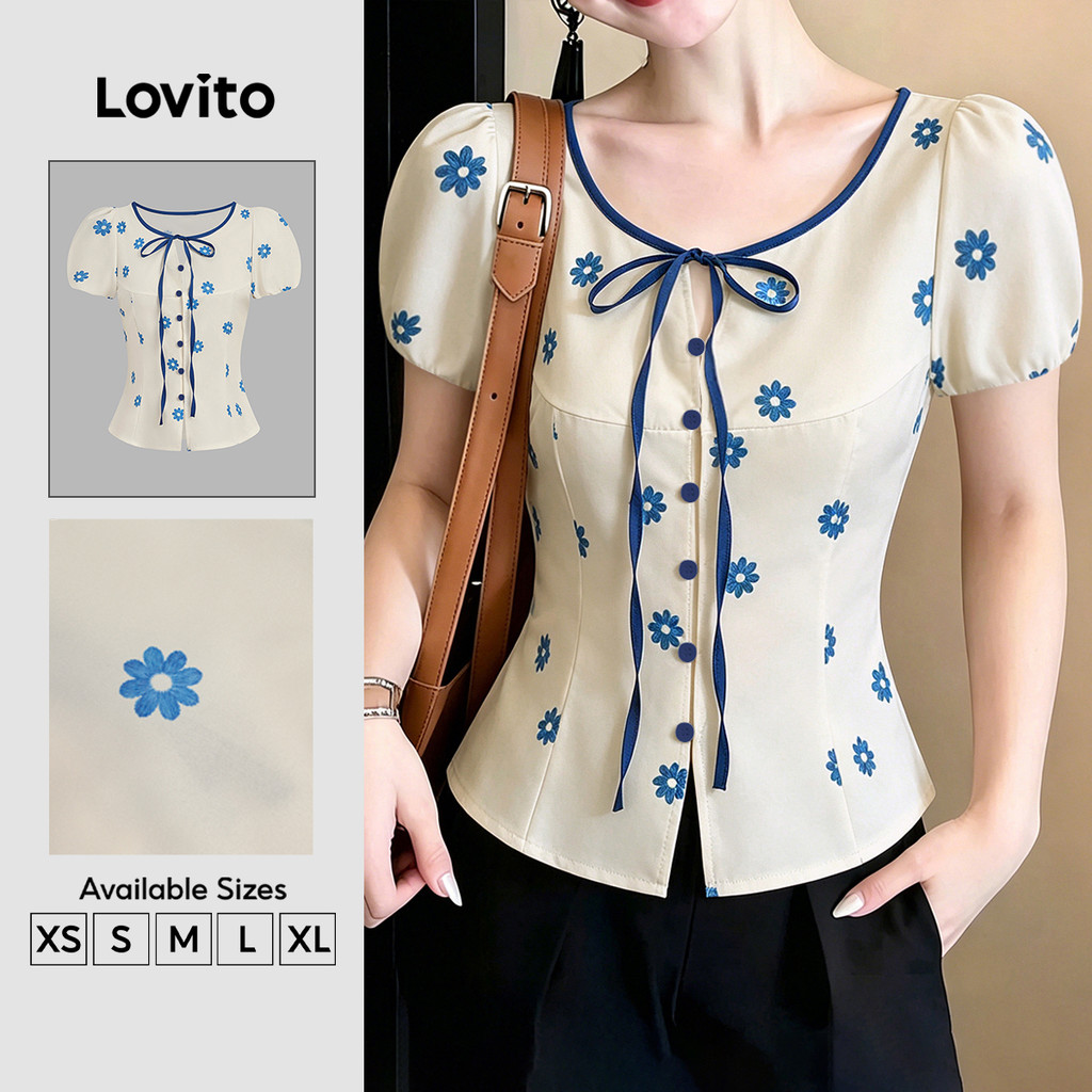 Lovito Blusa Casual Coreana Colorblock Primavera/Verão Floral Para Mulheres LK7ED564