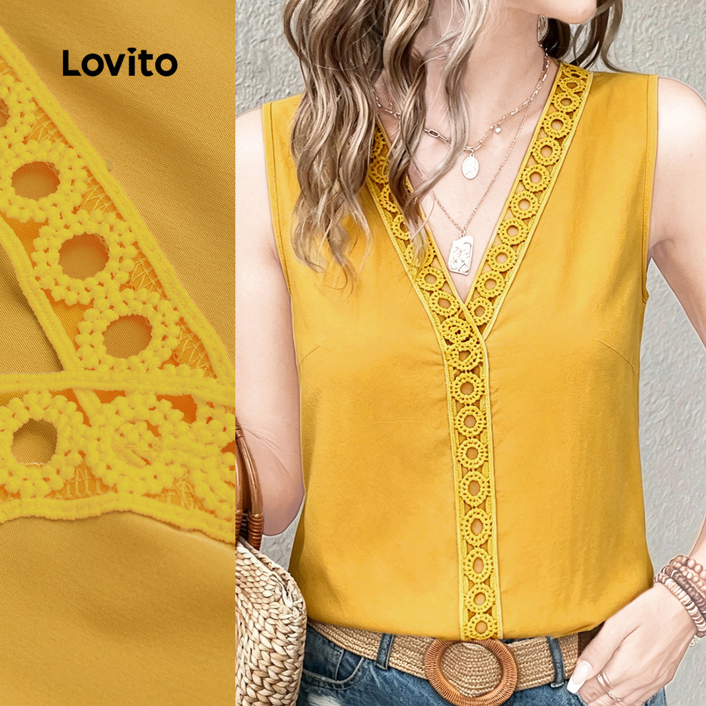 Lovito Top Casual com Renda e Gola de Contraste para Mulheres Primavera/verão Amarelo Bordado L199ED658
