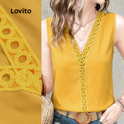 Lovito Top Casual com Renda e Gola de Contraste para Mulheres Primavera/verão Amarelo Bordado L199ED658
