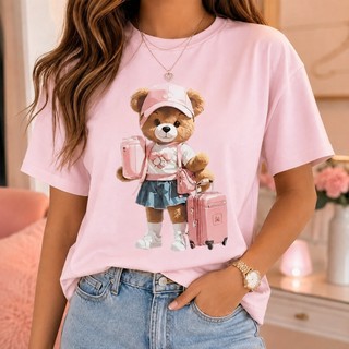 Camiseta T-Shirt Feminina Estampada Ursinha com Mala de Viagem Manga Curta  Blusa 100% Algodão Casual Moda Feminina