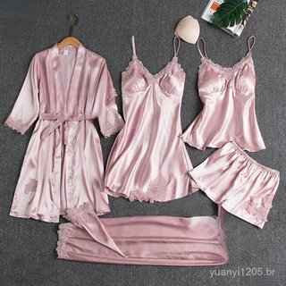 Conjunto De 5 Peças De Pijama Feminino De Seda , Camisola De Renda , Com Decote Em V E Alças Finas .