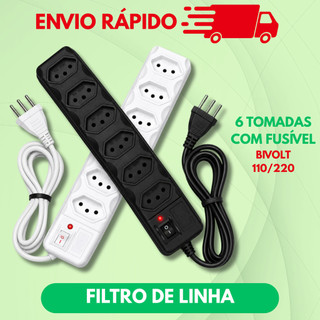 Filtro de linha 6 3 tomadas tripolar 10 amperes preto branco seguro proteção elétrica com fusível