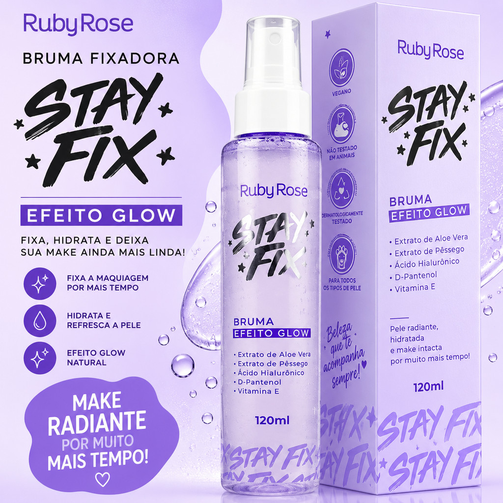 Bruma Fixadora de Maquiagem Efeito Glow Stay Fix RUBY ROSE Bruma Fixadora Fixador de Maquiagem Bruma Hidratante Facial