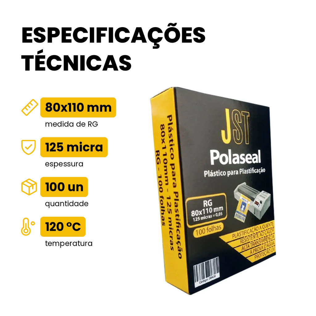 Plástico Plastificação Polaseal RG 80x110mm 125 Micras 100 Folhas JST · foto 2