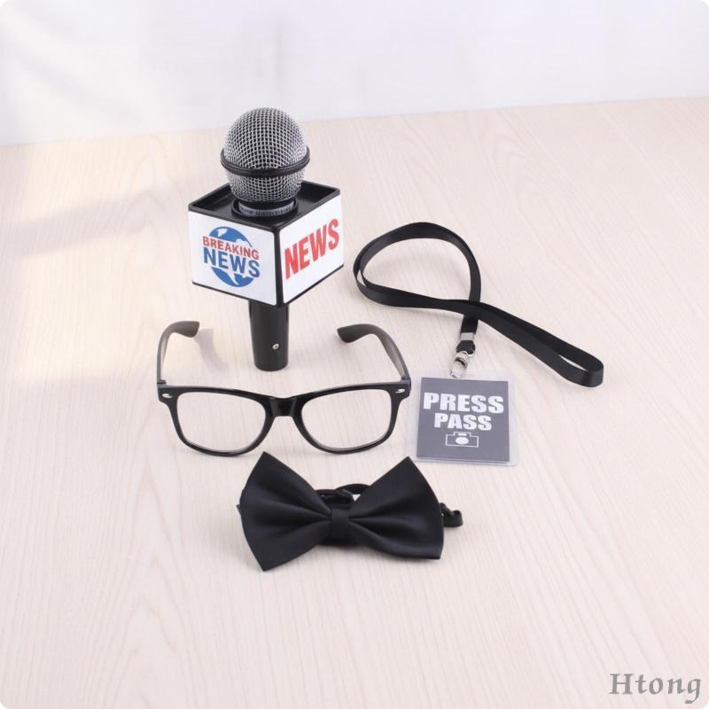 [Htong] Kit De Acessórios Para Entrevista De Repórter De TV Cosplay De Diário Com Captador De Som , Microfone , Cordão D
