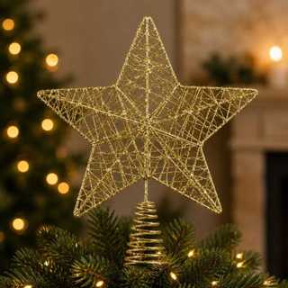 Enfeite Natalino Estrela Dourada Para Topo De Árvore De Natal 22cm