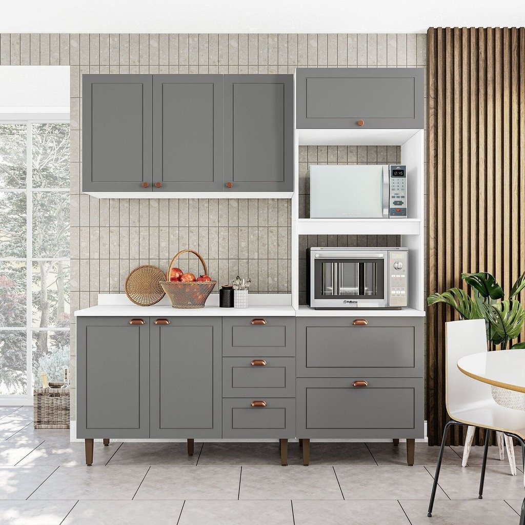 Cozinha Pérola com Tampo Completa Modulada 3 Peças Aéreo 3 Portas e Balcão 2 Gavetas 3 Portas e Torre Quente Yescasa