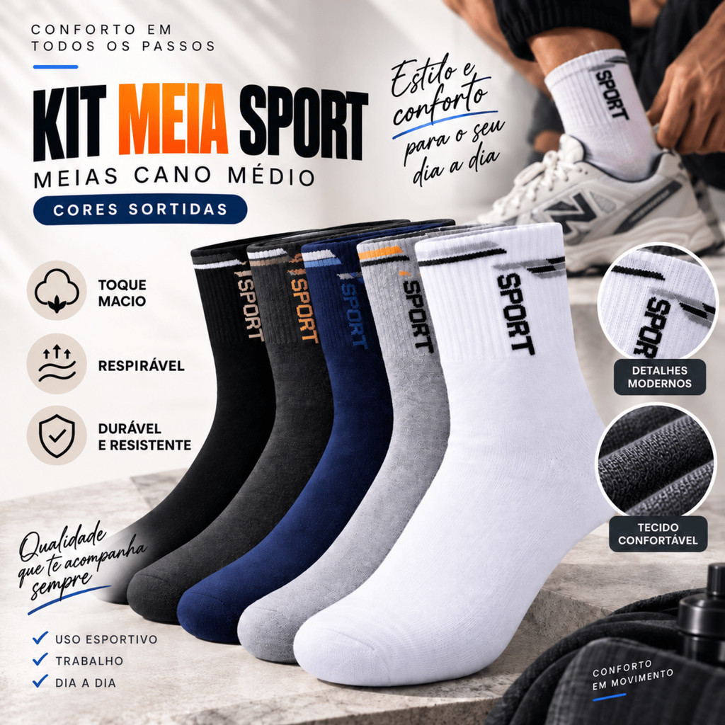 Kit 12 Pares de Meia Sport Premium Corrida Cano Alto ou 6
