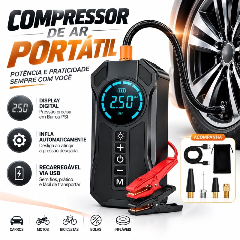 Bomba de Ar Portatil Compressor Inflator Multi-função 4 em 1 Auxiliar Partida Bateria Portátil Emergência Voltik
