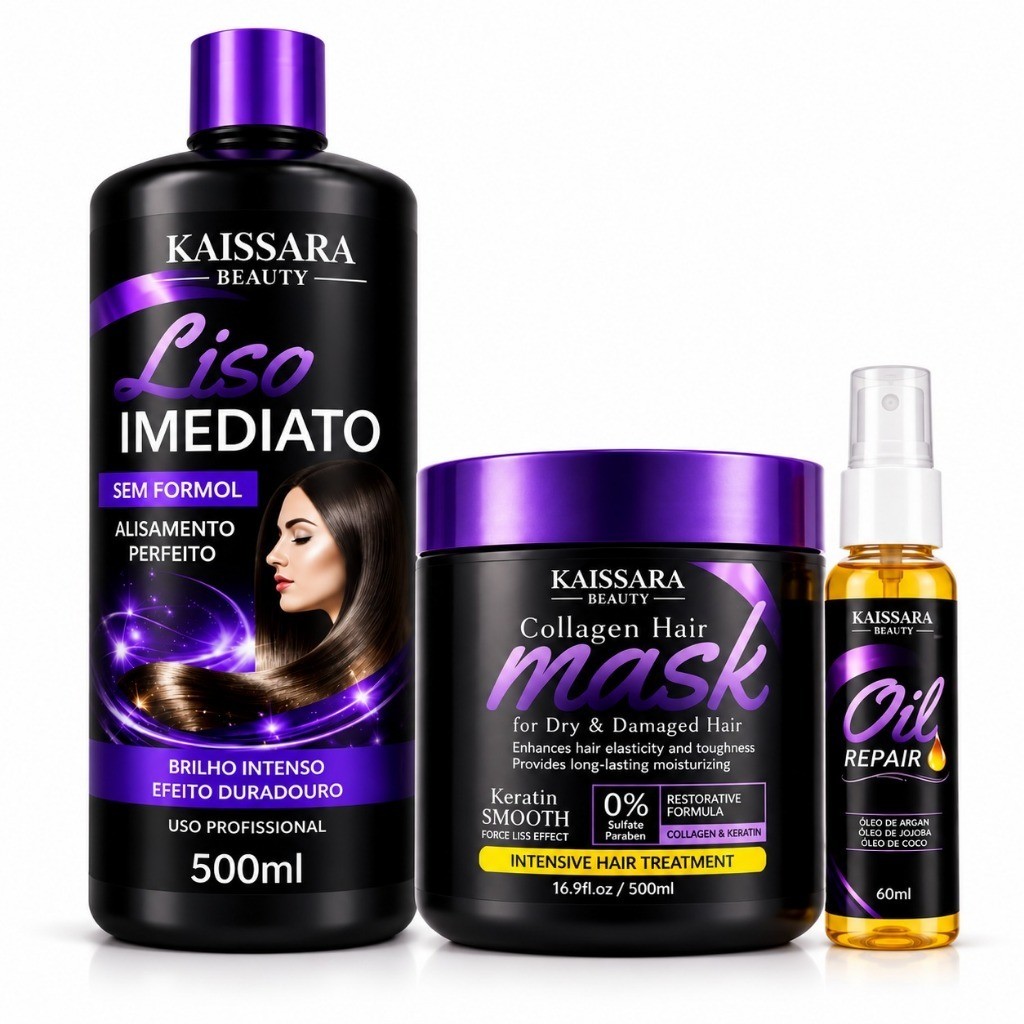 Kit Kaissara Beauty – Liso Imediato 500ml + Collagen Hair 500ml + Oil Repair 60ml