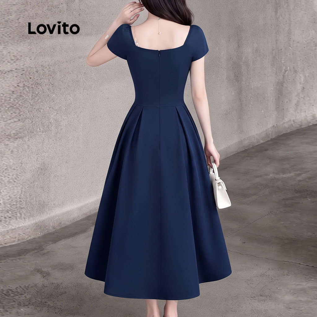 (Elegante) Lovito Vestido com Pregas Primavera/verão Vestido Azul Marinho para Mulheres L143ED089 · foto 2