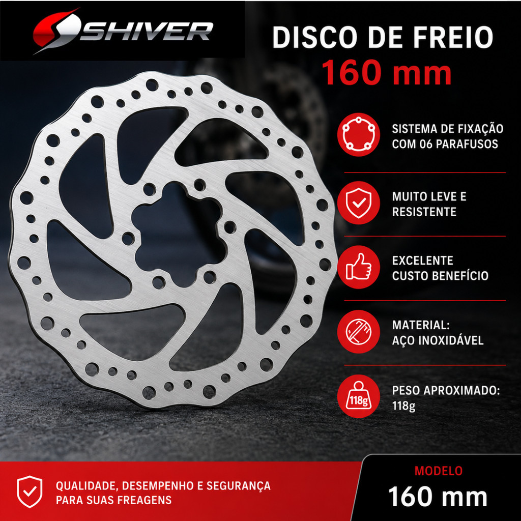 Disco Rotor 160mm 6 Parafusos Shiver tipo High One Absolute Cromado 6 Furos Bike Promoção — imagem 2 de 2