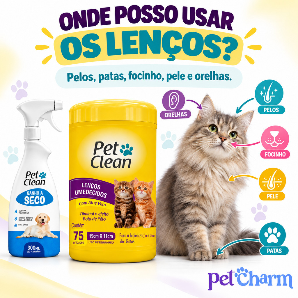 Kit Banho a Seco para Gatos 300 ml + Lenço Umedecido 75 Unidades para Gatos Pet Clean — imagem 2 de 2