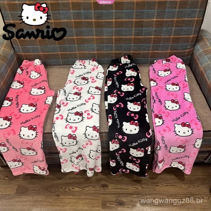 Calças Casuais de Lã Quente para Mulheres Sanrio Hello Kitty Flanela Preta Moda Outono Inverno Pijamas