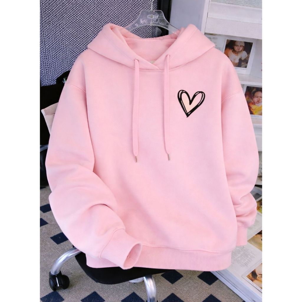 Moletom Canguru Coracao Feminino Flanelado Blusa de Frio Estilo Brooklyn Capuz Bolso Estampado Inverno Coração