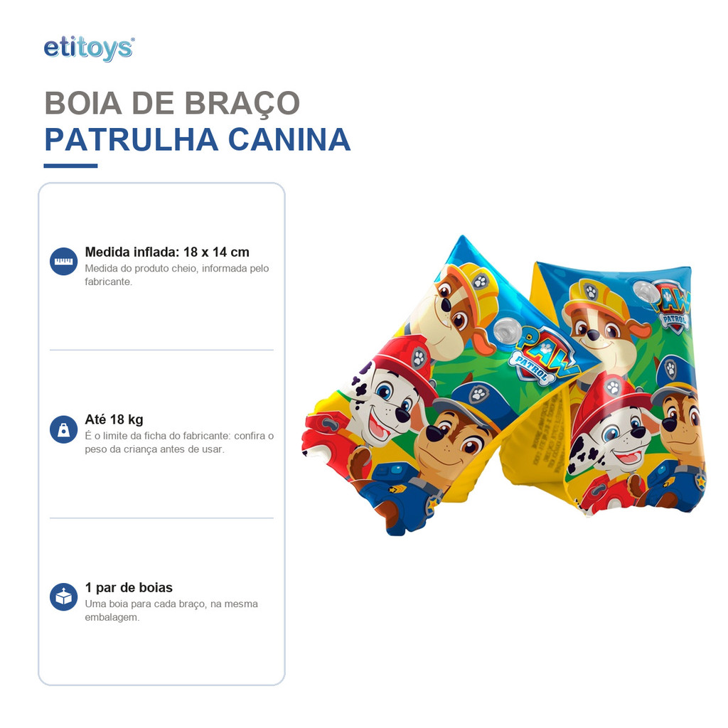 Boia De Braço Infantil Inflável Patrulha Canina Piscina 1 Par 18x14cm Até 18kg Etitoys — imagem 2 de 2