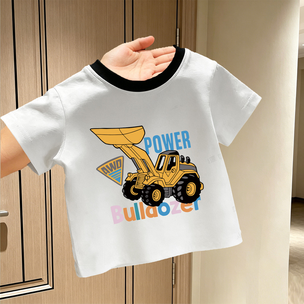 Bebê menino branco preto colarinho dos desenhos animados escavadeira puro algodão de manga curta camiseta crianças menin