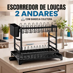 Escorredor De Louça 2 Andares Aço Preto Com Bandeja Coletora Porta Talher Porta Copos Organizador