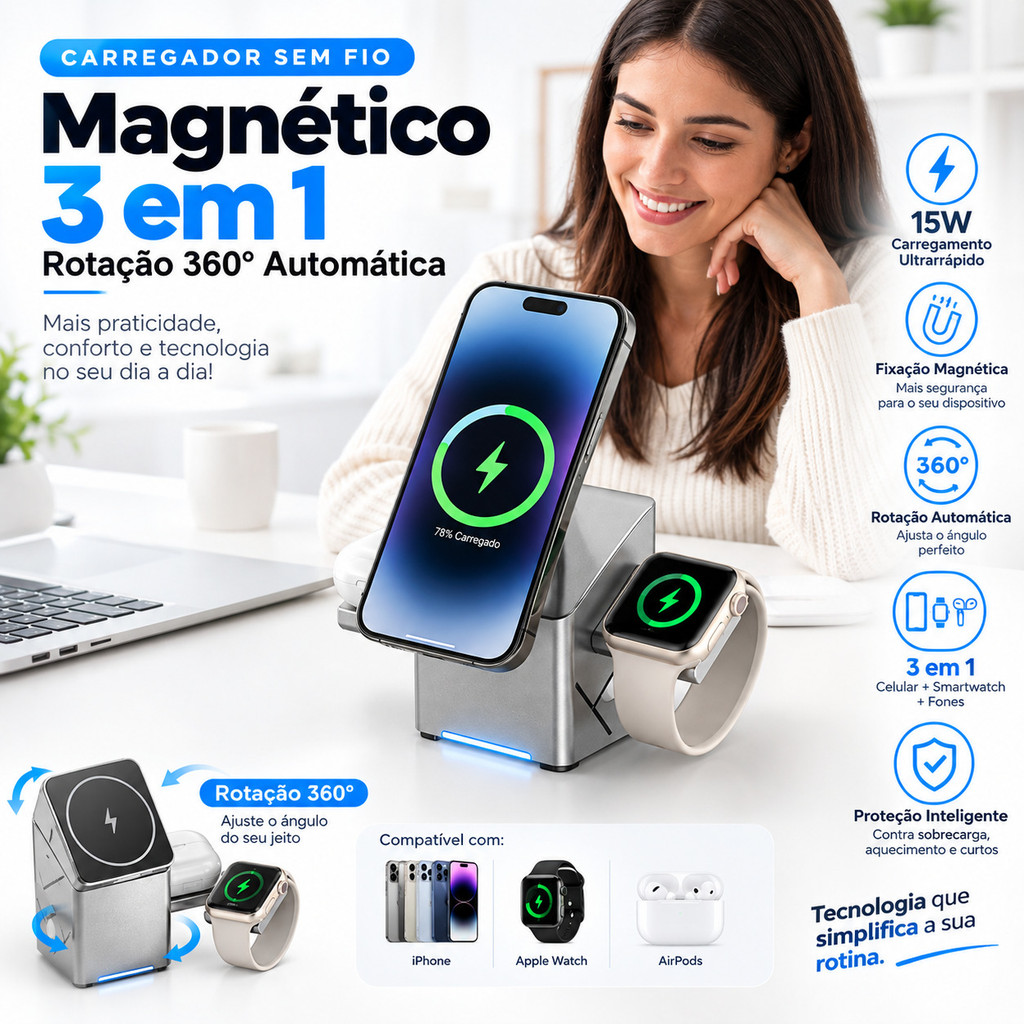 Carregador 3 em 1 Sem Fio Magnético 15W com Suporte 360° novete