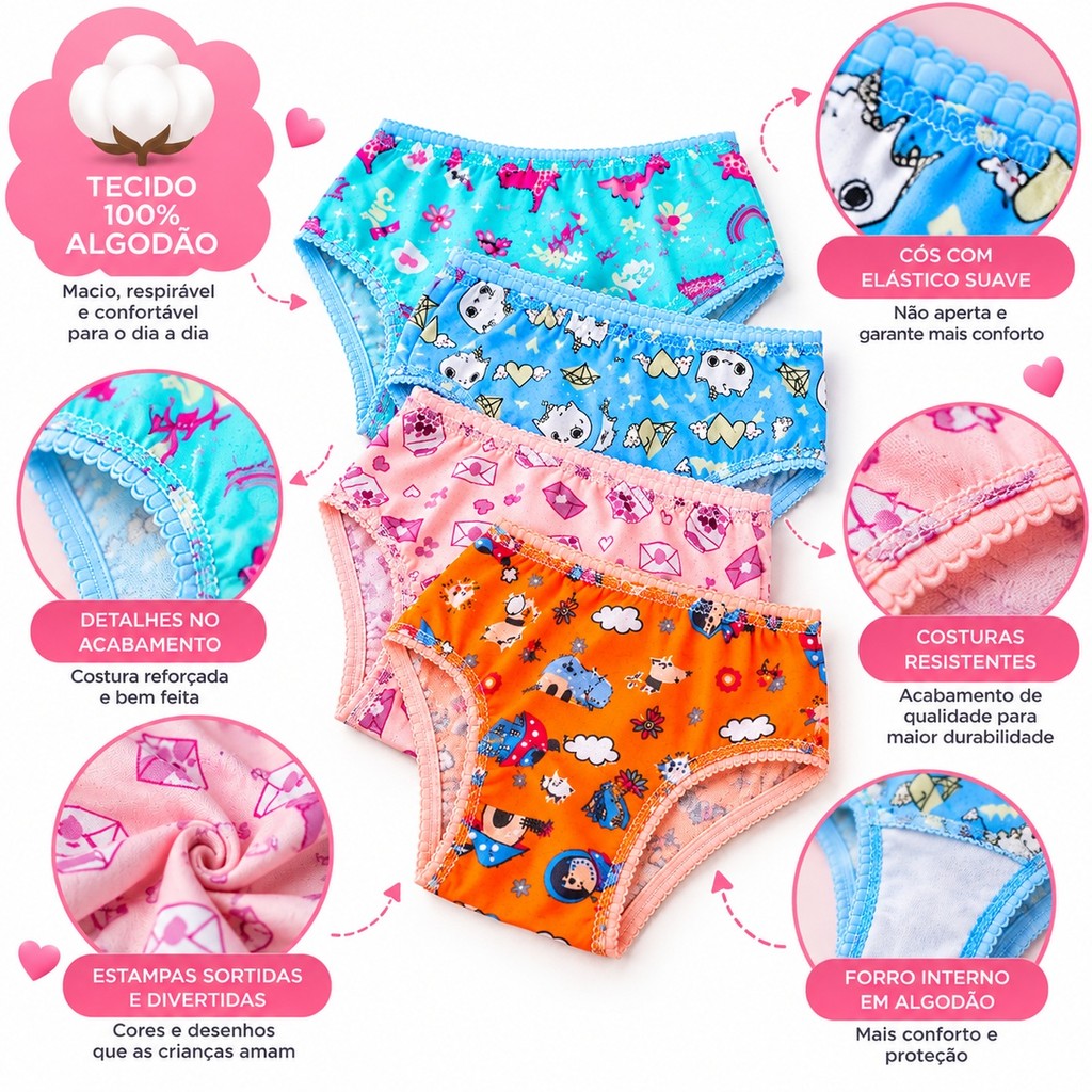 Kit 12 Calcinhas Infantil Menina 100% Algodão Estampadas Confortáveis Cós Elástico