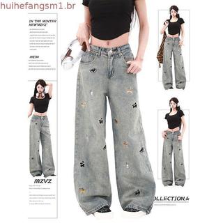 Americano Retro filhote de cachorro Jeans de perna larga feminino solto calças retas masculino
