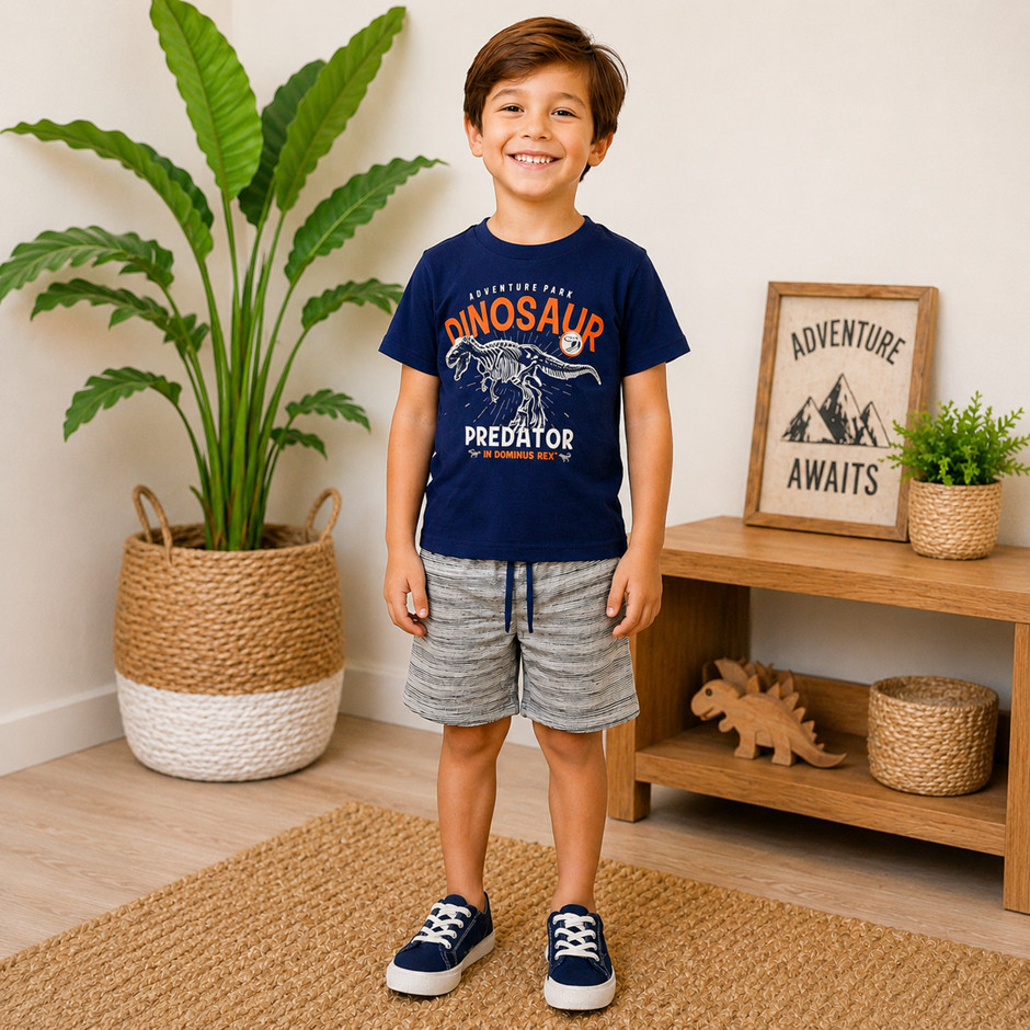 Conjunto Infantil Menino | Camiseta em Malha Algodão Com Estampa Frontal e Bermuda em Moletinho C/Cadarço Fake