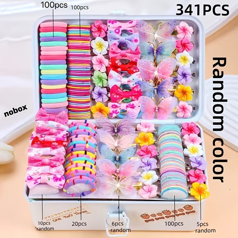 Conjunto de 341 peças de acessórios de cabelo para meninas, caixa de presente com elásticos e prendedores de cabelo, laç