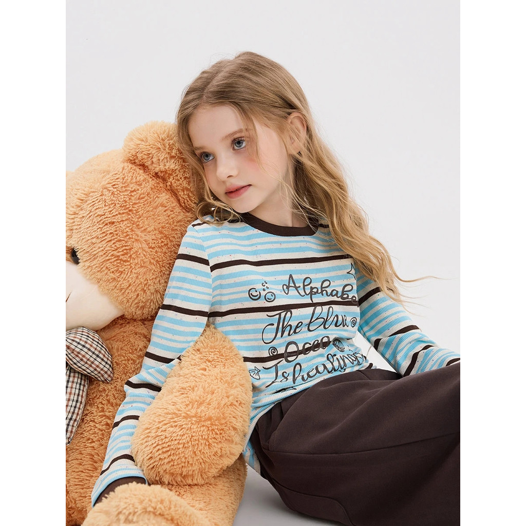 Crianças roupas 2026 outono novo estilo meninas estilo coreano listrado manga comprida camiseta crianças em torno do pes