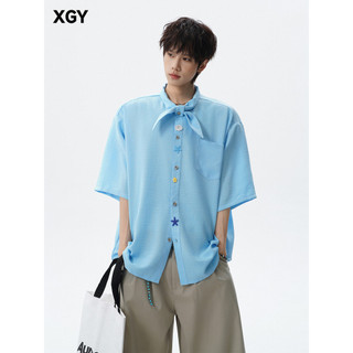 Verão gelo seda legal camisa masculina Street Wear criativo botão Design de manga curta arco atado Casual topo