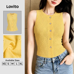 Lovito Top Amarelo Elegante Sem Mangas Gola Redonda Botões Jacquard Confortável E Estiloso Primavera Verão Workwear Para Mulheres TKB202P2D429