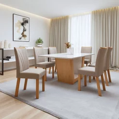 Conjunto Sala de Jantar 6 Lugares Retangular Tampo Vidro/MDF Mesa e Cadeiras Apogeu Amêndoa Clean/Off White/Naturale