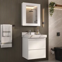 Conjunto para Banheiro Lavatório em Porcelanato com Cuba Esculpida, Gabinete Liso e Espelheira 60cm Branco