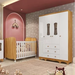 Quarto de Bebê Guarda-Roupa 4 Portas Janeladas e Berço Lana Espresso Móveis Branco Brilho/Amêndoa Branco