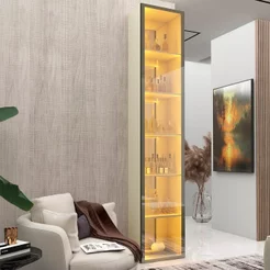 Cristaleira 1 Porta Reflecta com Fita LED e Espelho 100% MDF Luminare Bege/Off White Off White