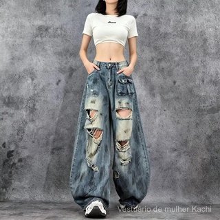 Calças Jeans Rasgadas Femininas, Calças de Verão Finas, Soltas, Retas e de Perna Larga, Calças Jeans Casuais de Moda de 