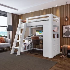 Cama Alta Beliche Office Adulto Multifuncional com 6 Gavetas Micenas Yescasa Branco