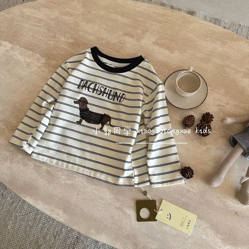 Crianças primavera estilo fino estilo coreano estilo ocidental listrado manga comprida camiseta meninos meninas dos dese
