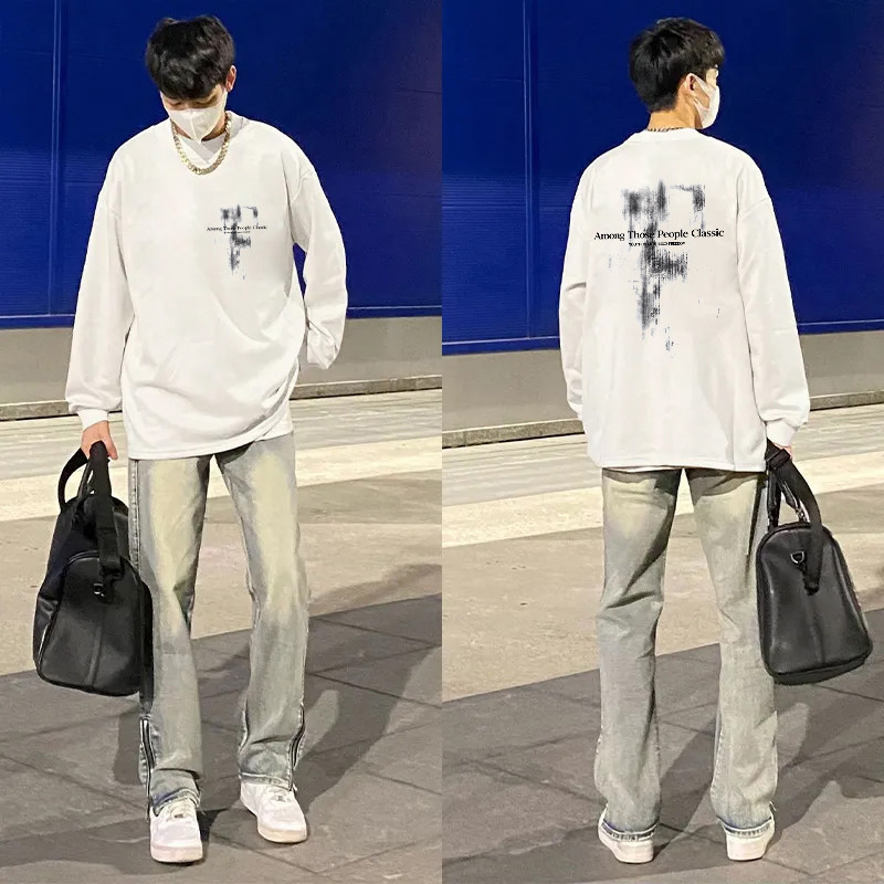 Carta americana impressa puro algodão manga comprida camiseta masculina feminina outono Casual Bottoming topo