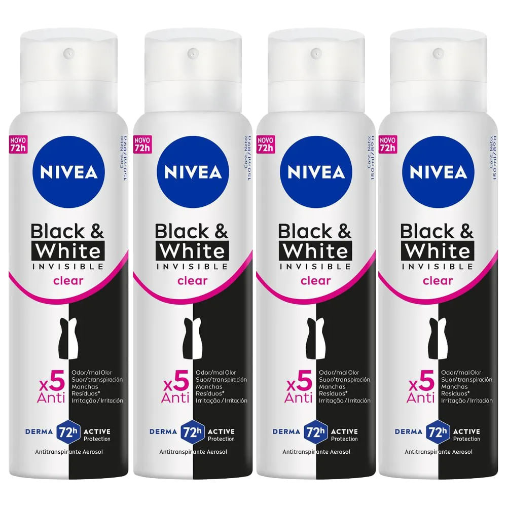 Kit Desodorante Aerosol Nivea Invisible Black & White Clear 150ml - 4 Unidades