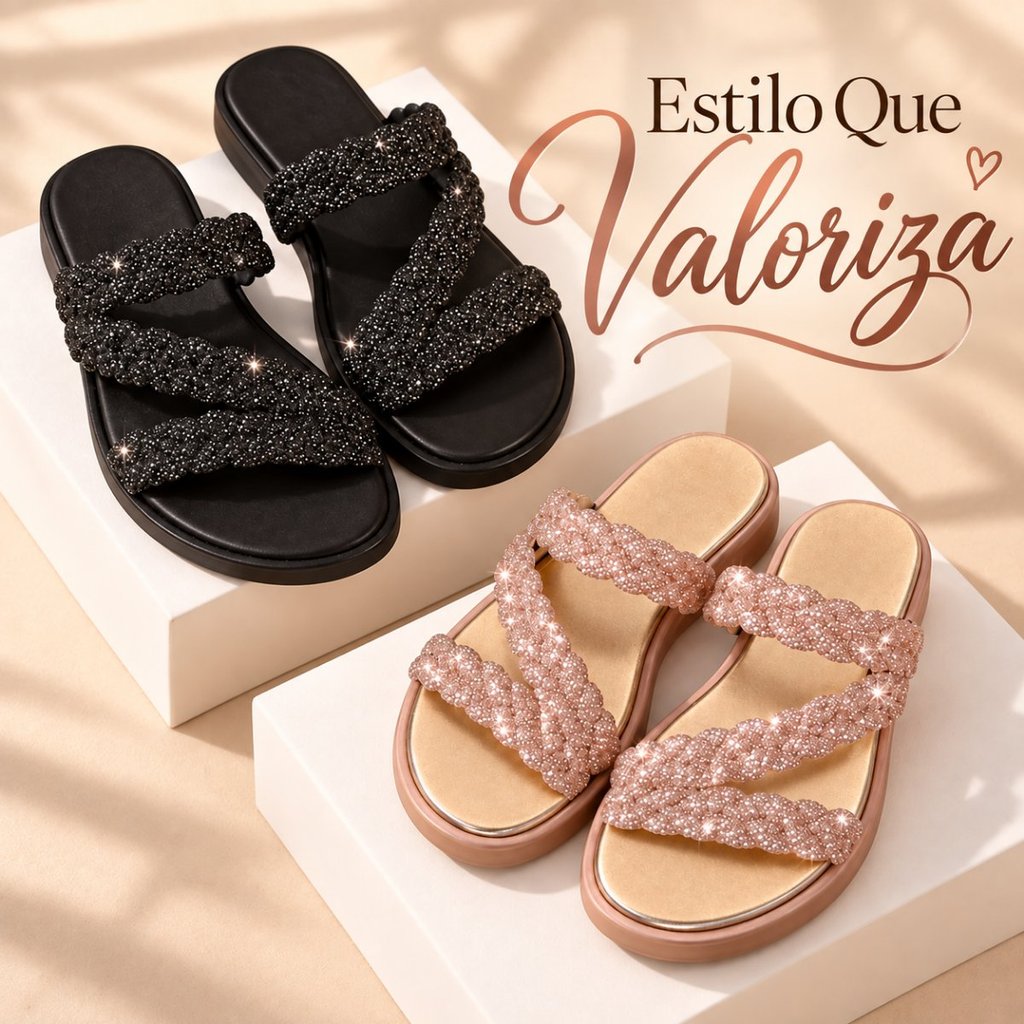 Kit 2 Pares Sandália Rasteirinha Feminina Brilhosa Antiderrapante Glitter Confortável Trançada