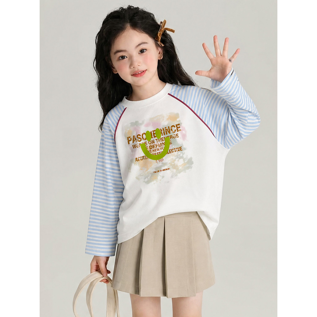Crianças contraste cor listrado costura de manga comprida camiseta de fundo primavera novo estilo meninas solto Casual m