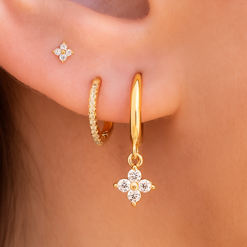 Kit 3 pares de brincos femininos prata 925, pingentes de flores incrustados com zircônia, banhados a ouro 18K em Oferta na Shopee