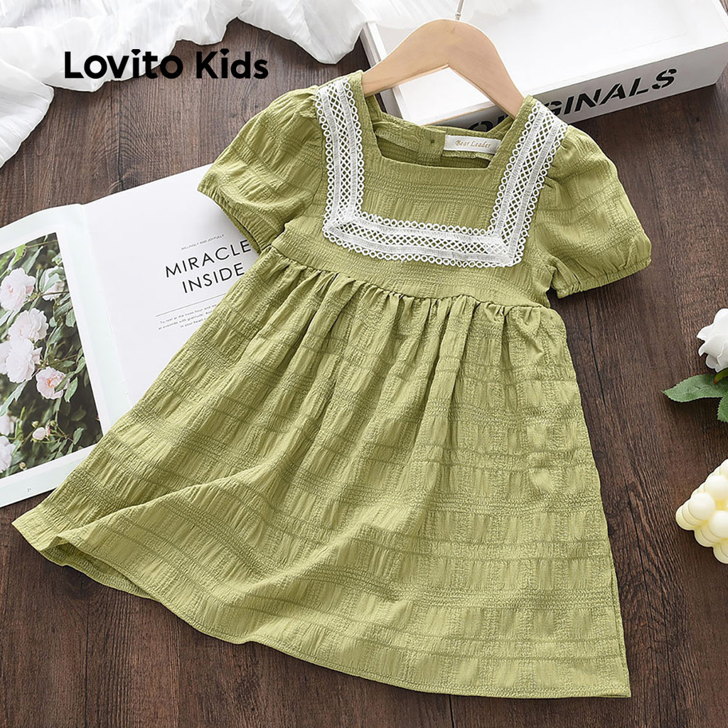 Lovito Kids Vestido Fofo com Baba Ruffle Bloco de Cores Primavera/verão Vestido Verde para Menina LNL119094