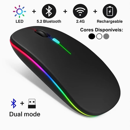 Mouse Sem Fio Recarregável RGB Bluetooth 5.2 + USB 2.4G Ajuste DPI 3 Níveis Bateria Longa Duração 30 Dias