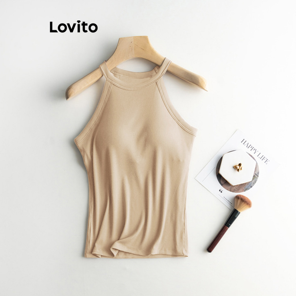 Detalhes do Lovito Top Casual Liso Com Bojo No Peito, Regata De Verão/primavera Para Mulheres LNL36137