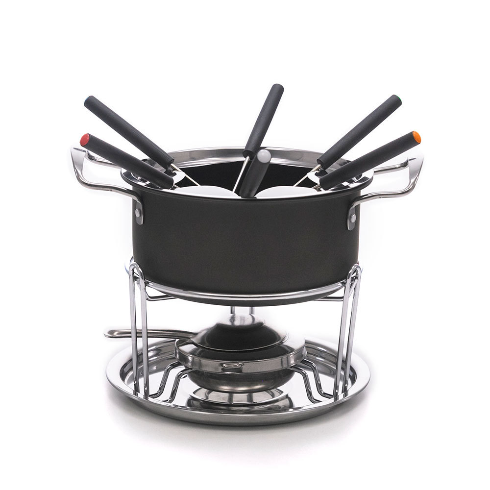 Panela Fondue 11 Peças Aço Inox Queimador Álcool Gel Garfos Coloridos Base Preta Meridional